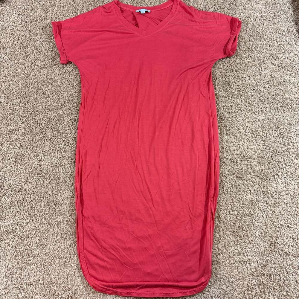 She Sky Dress Small Coral Twist Back‎ Midi V Neck Dolman Sleeve Casual Knit